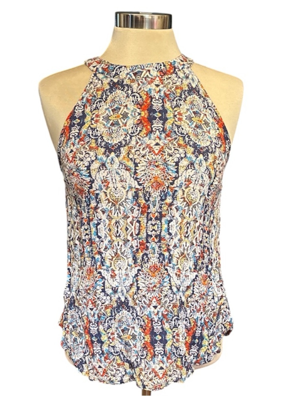 Elodie Navy Multicolor Halter Camisole Medallion Print Keyhole opening Sz Medium